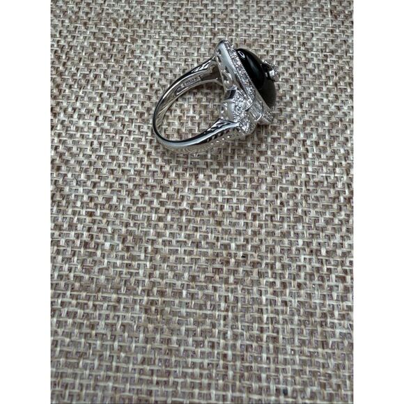 Black Onyx-Style Marquise CZ Halo Ring Sterling Silver Plated Size 6 - Picture 3 of 11